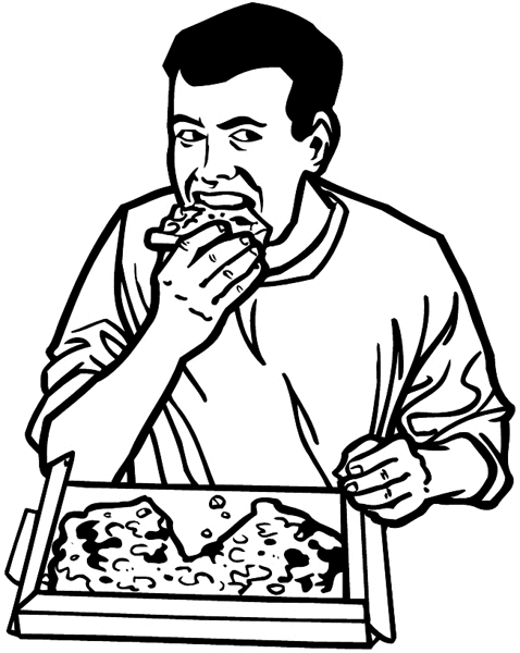 Man eating pizza vinyl sticker. Customize on line. Food Meals Drinks 040-0340